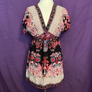 Vintage Y2K Angie Black and Pink Floral Tunic Top. Size L.